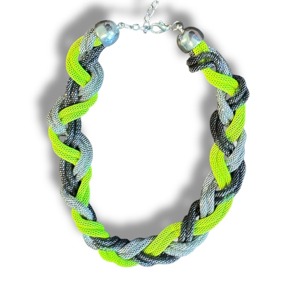 New Y2K Braided Neon Green and Silver Necklace